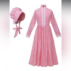 Charming Pink Floral Kids Calico Dress with Bonnet Amish Handmade NWT